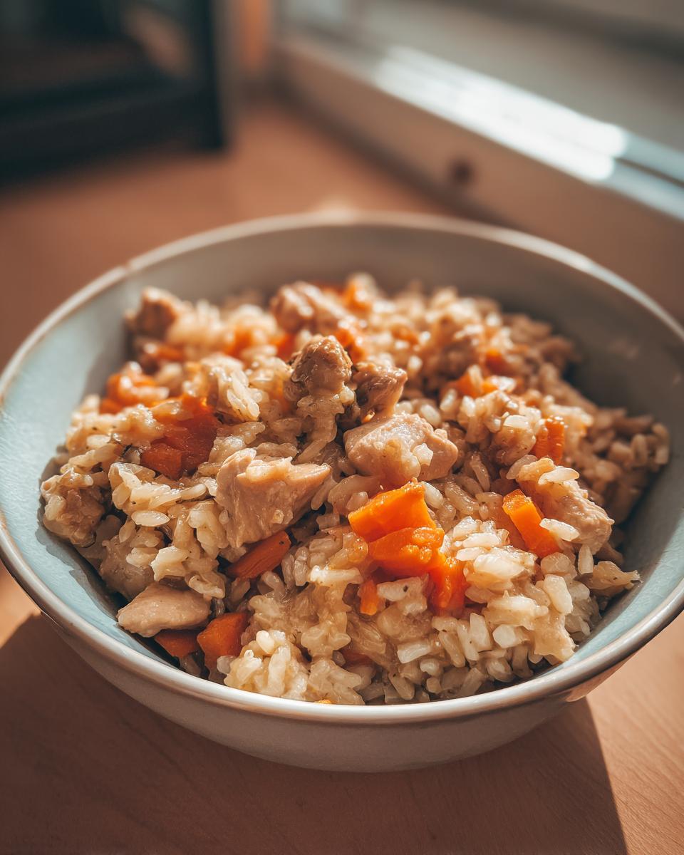Close-up of a bowl of Budget Homemade Cat Food with chicken, rice, and carrots.