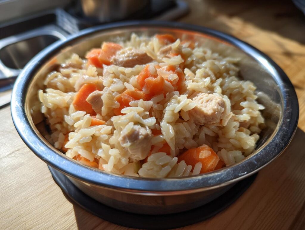 A bowl of homemade cat food with rice, carrots, and chicken, perfect for a Budget Homemade Cat Food recipe.