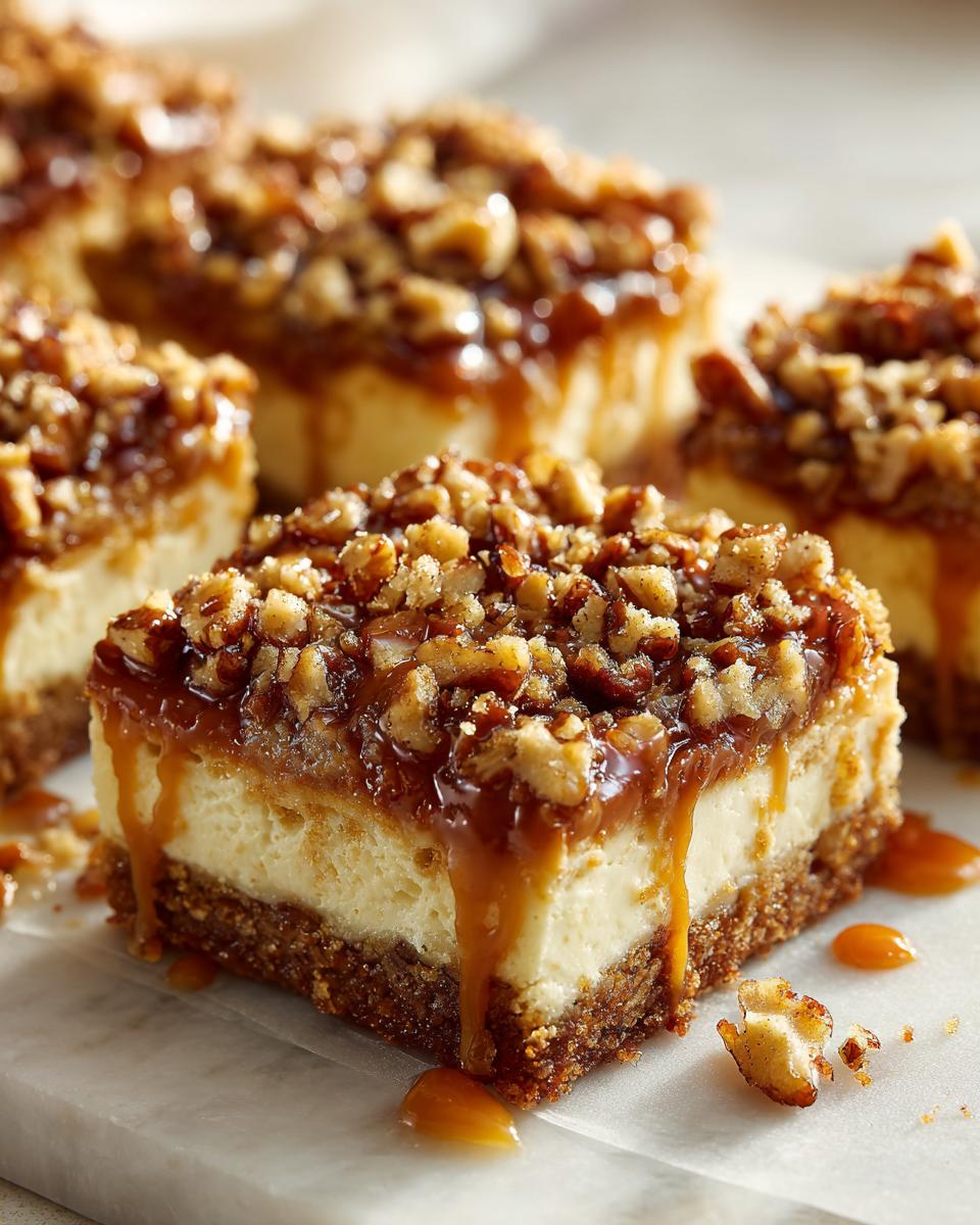 Close-up of Caramel Pecan Cheesecake Bars with a shortcut crust, drizzled with caramel.