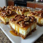 Close-up of Caramel Pecan Cheesecake Bars with a shortcut crust, drizzled with caramel.