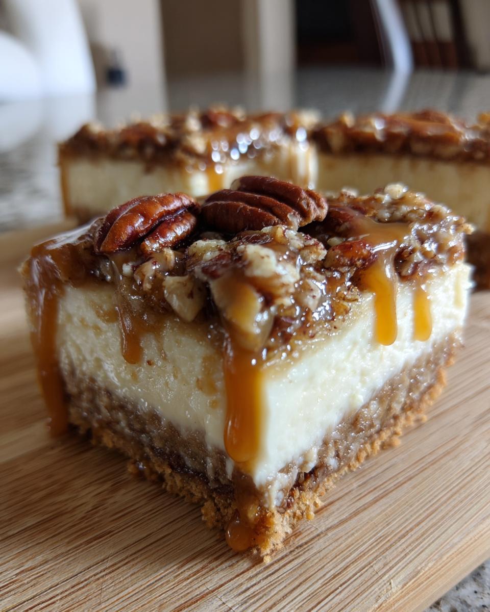 Close-up of a Caramel Pecan Cheesecake Bar with caramel drizzle and pecans.