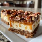 Close-up of Caramel Pecan Cheesecake Bars with caramel dripping down.
