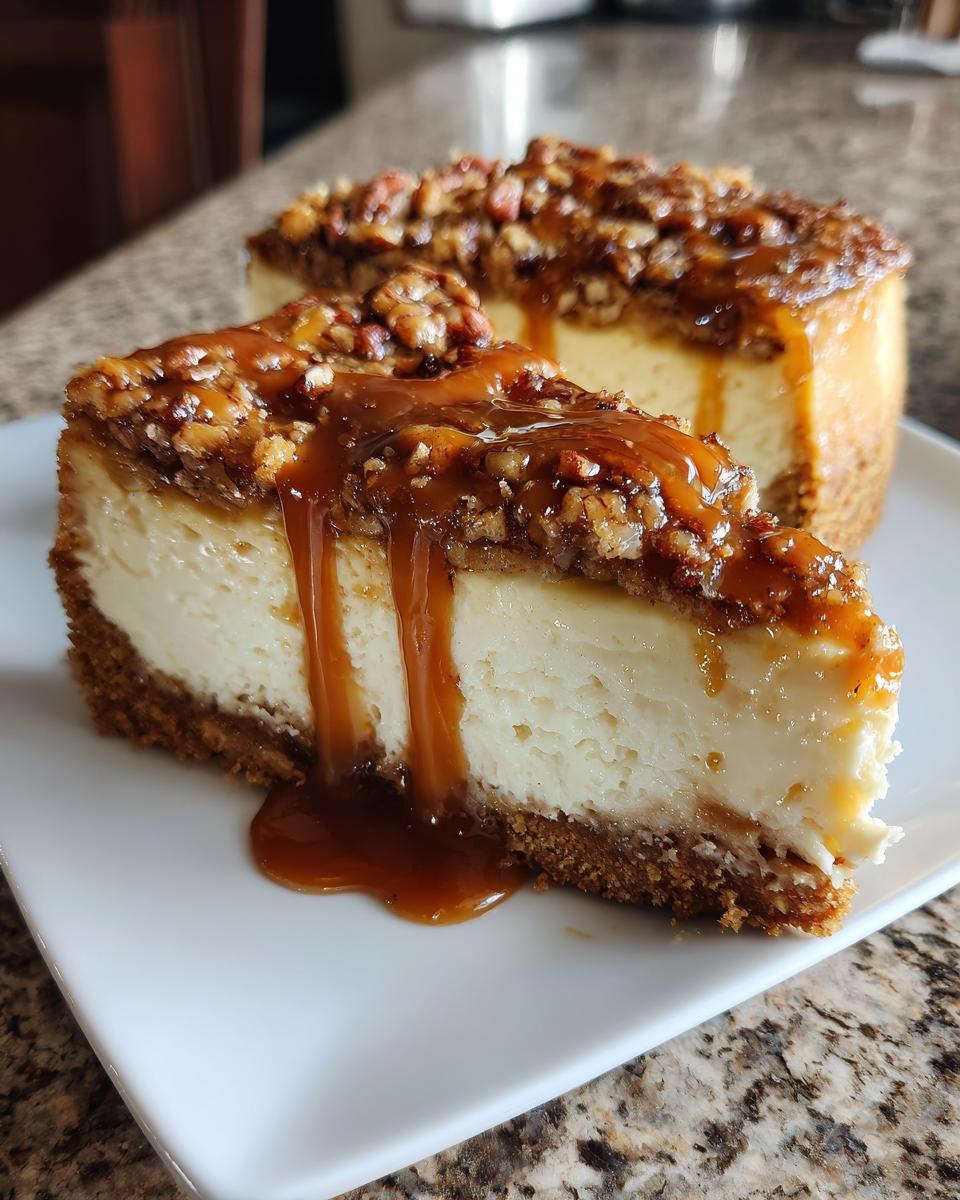 A slice of Caramel Pecan Cheesecake Bars with caramel drizzle and pecan topping.