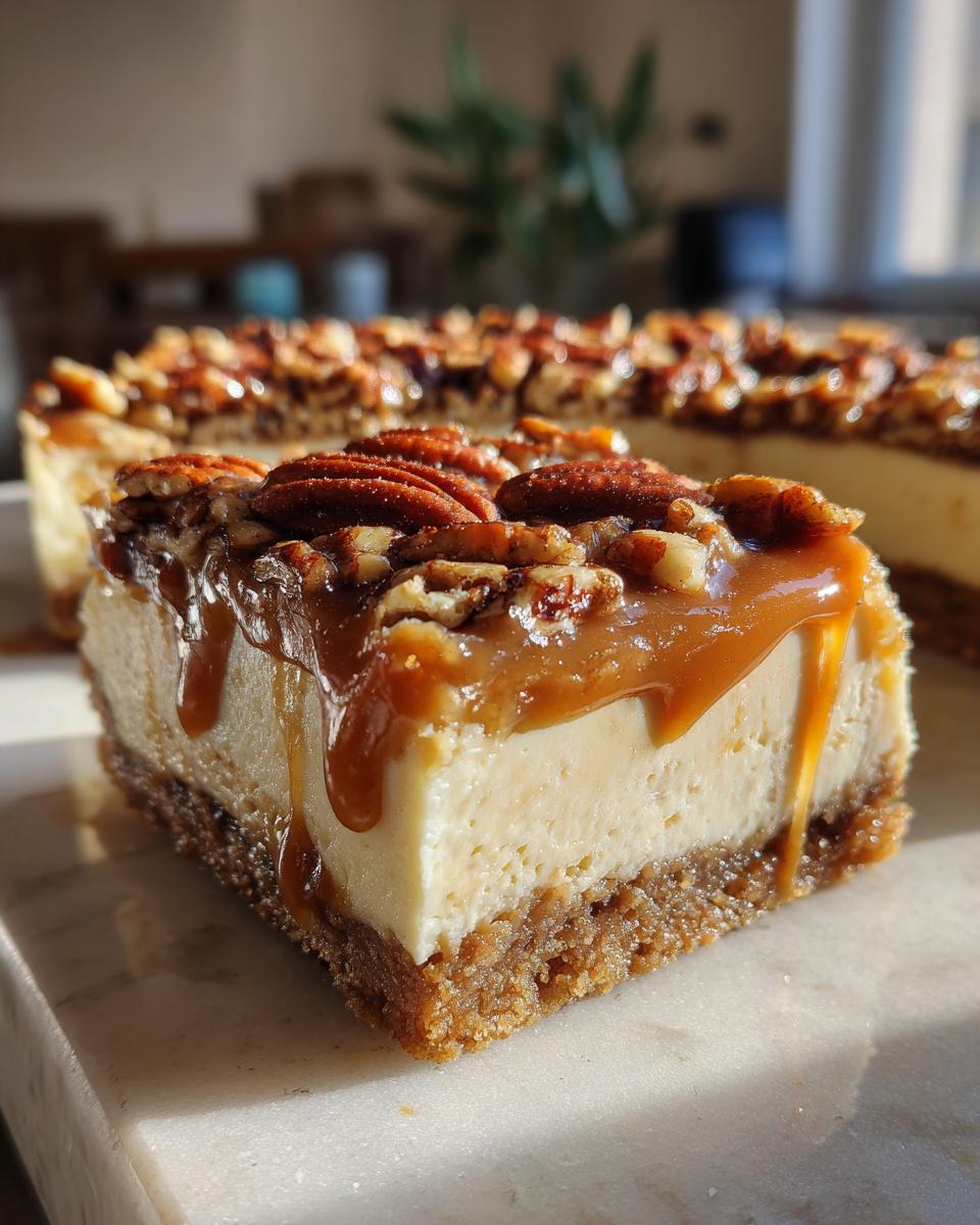 Close-up of a slice of Caramel Pecan Cheesecake Bars with caramel and pecans.