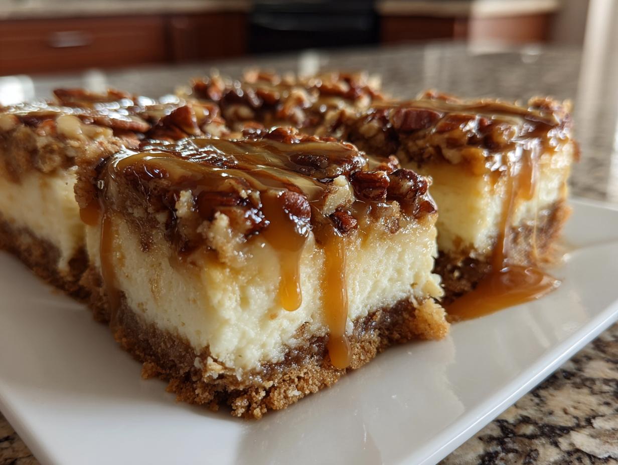 Close-up of Caramel Pecan Cheesecake Bars slices with caramel drizzle on a white plate.