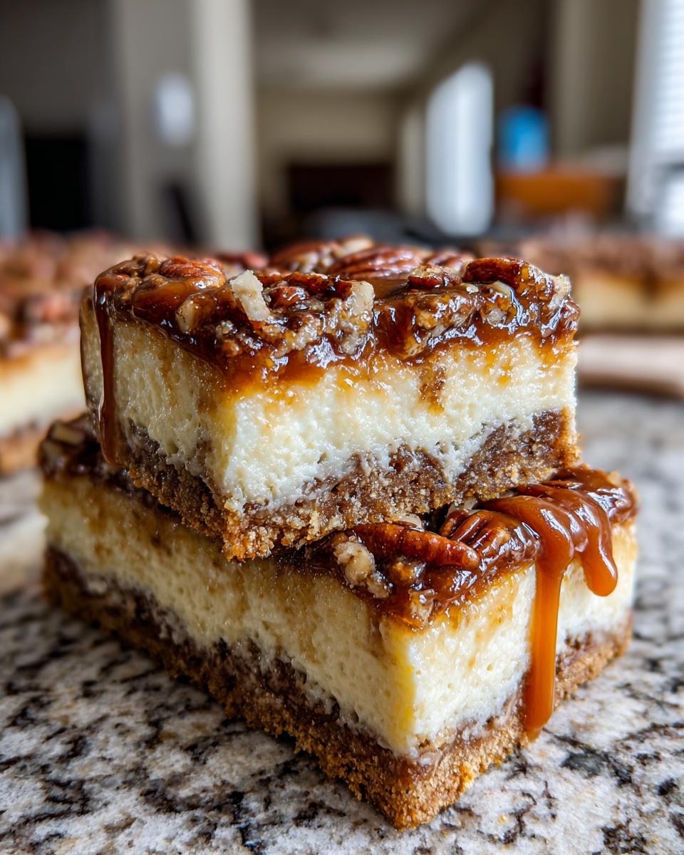 Two stacked Caramel Pecan Cheesecake Bars with caramel and pecans dripping down.