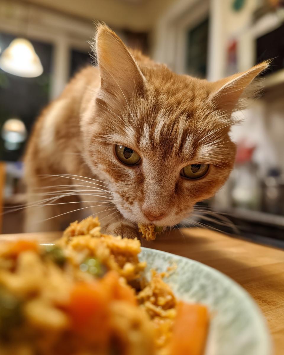 Orange cat eating a homemade Healthy Indoor Cat Meal from a plate on a wooden surface.
