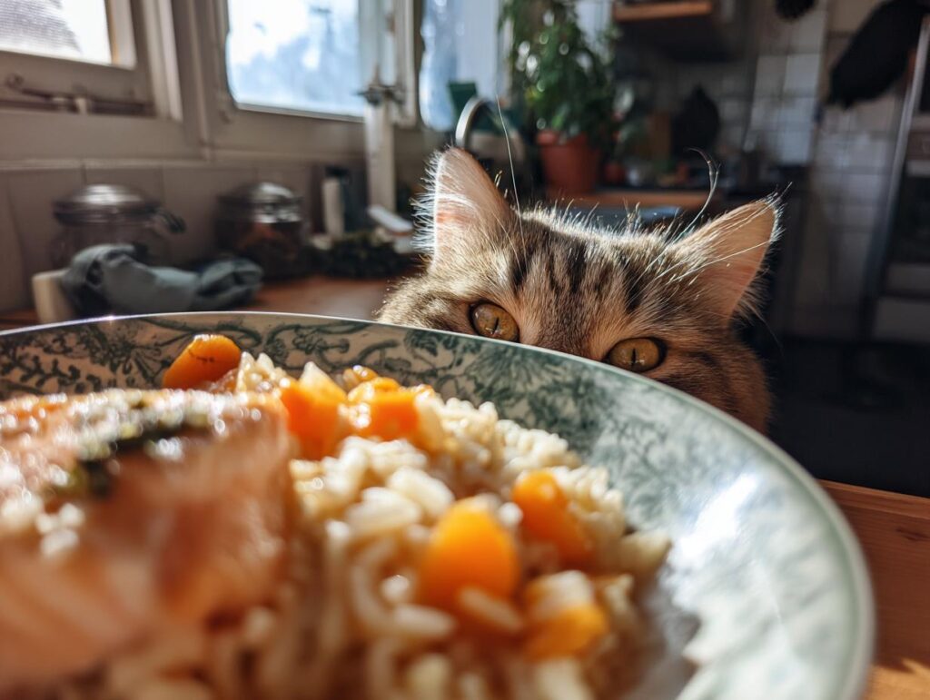 A cat peeking over a bowl of Fresh Fish Cat Bowl, with a curious expression.