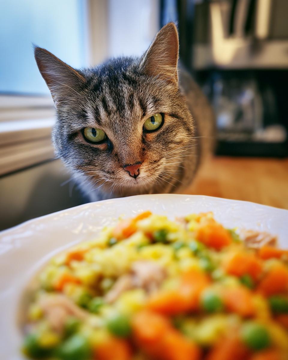 A curious cat looking at a plate of the Healthy Indoor Cat Meal recipe.