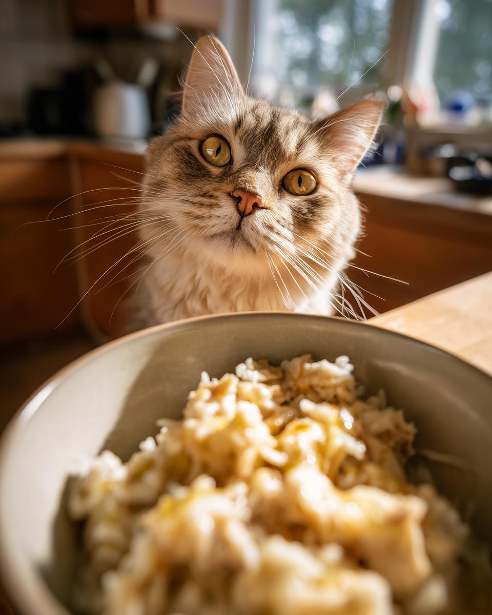 A cat looking intently at a bowl of the High-Calorie Cat Recovery Meal, ready to eat.