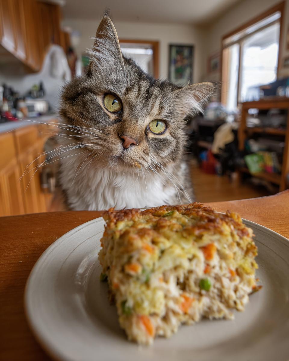 A cat looking at a slice of homemade cat birthday cake on a plate, ready to eat.