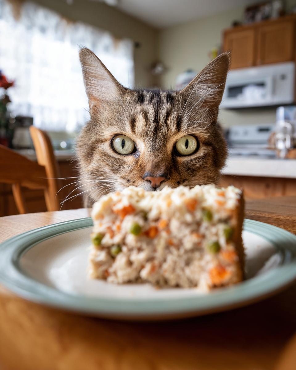 A cat looking intently at a slice of homemade cat birthday cake on a plate.