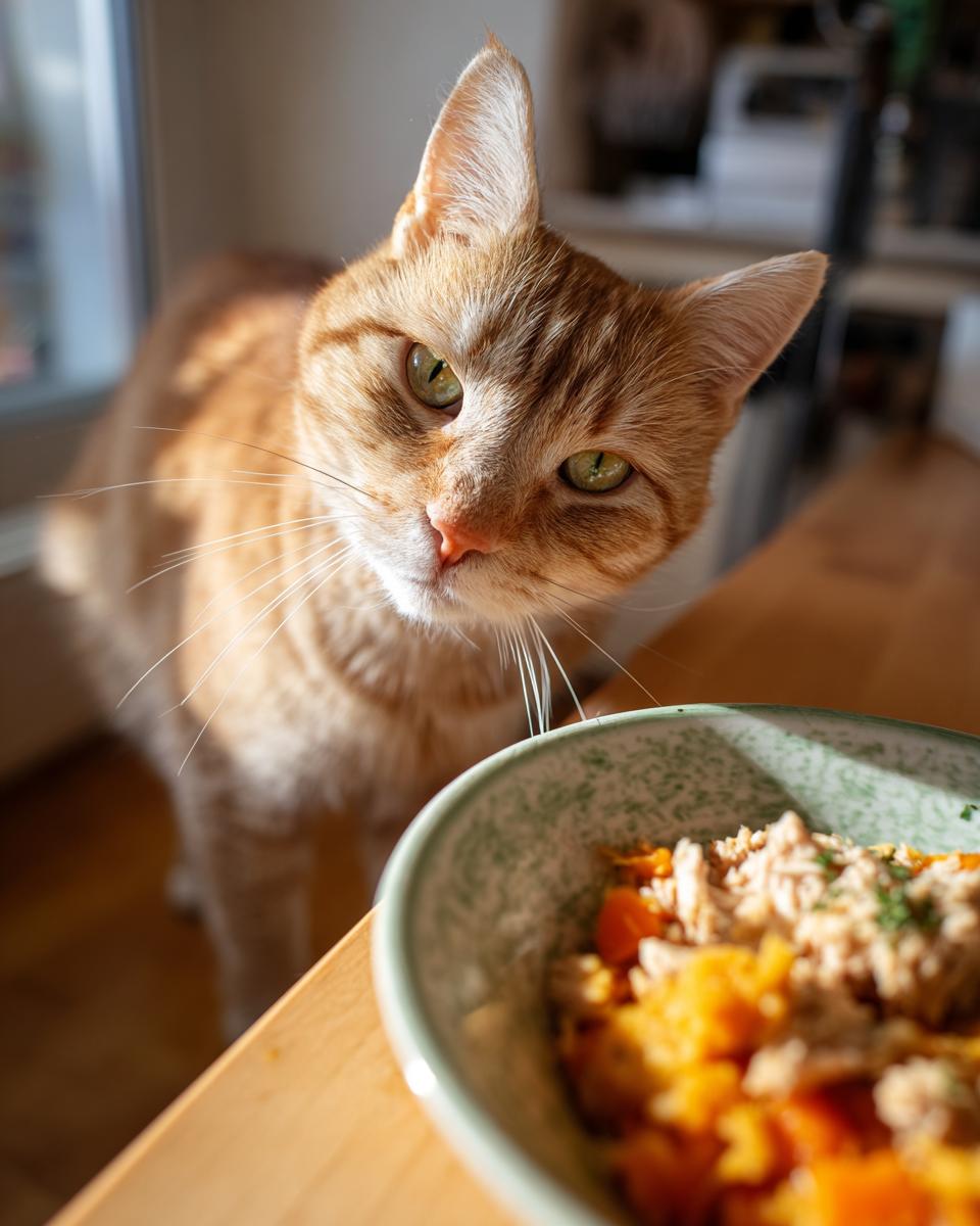 Orange cat looking at a bowl of healthy Indoor Cat Weight Control Meal.