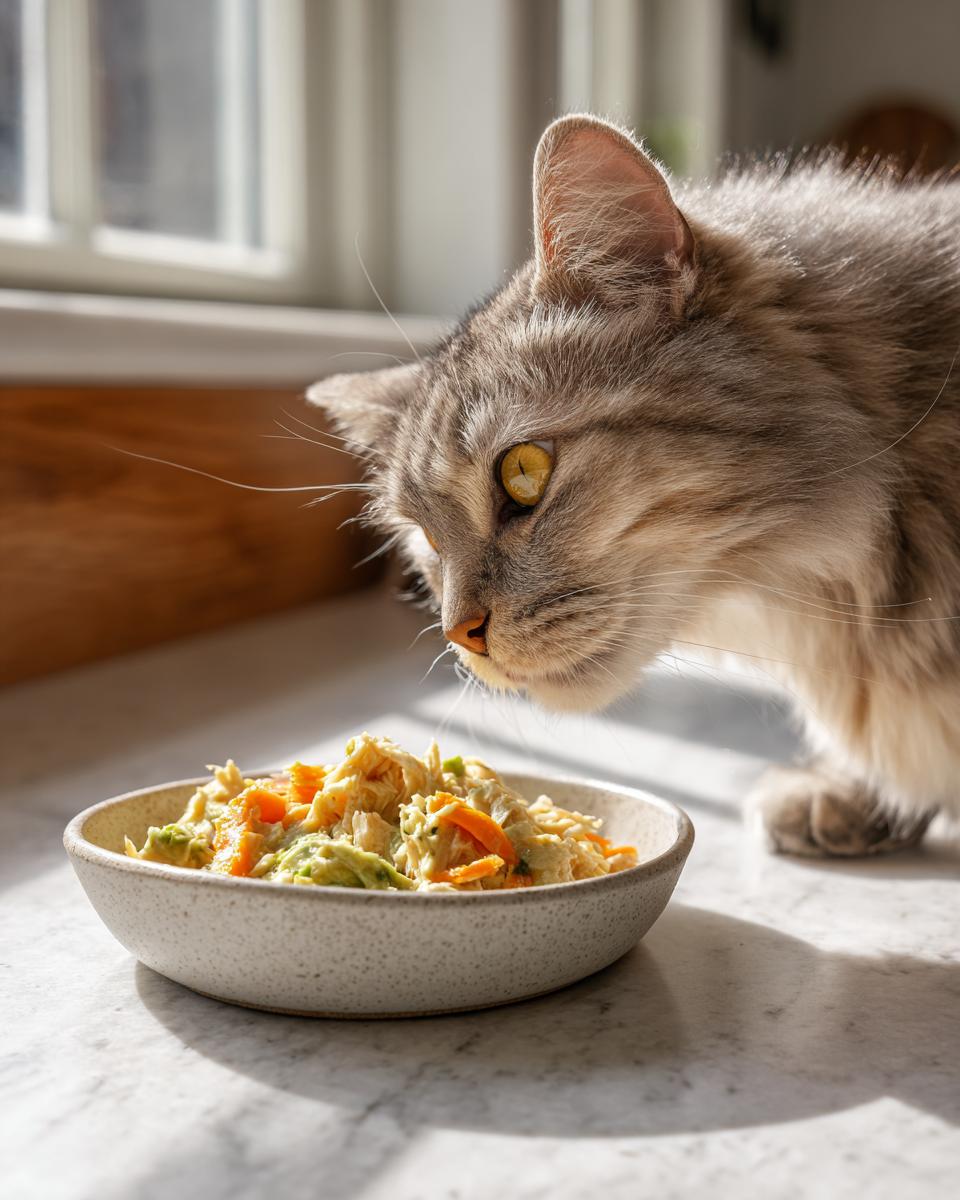 A cat sniffing a bowl of High-Protein Turkey Cat Food, with visible ingredients.