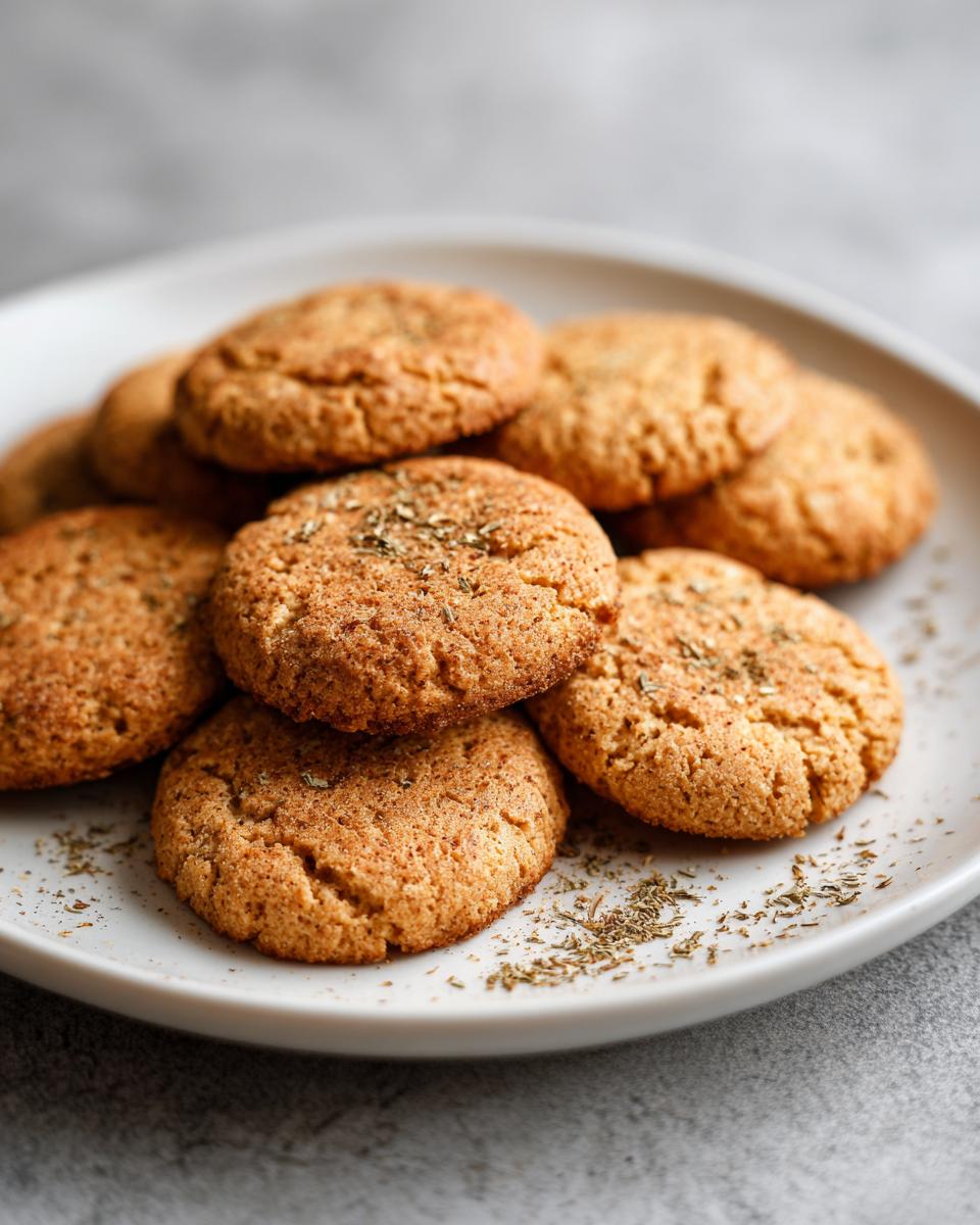 Close-up of a plate of homemade catnip-infused cat treats, sprinkled with herbs.