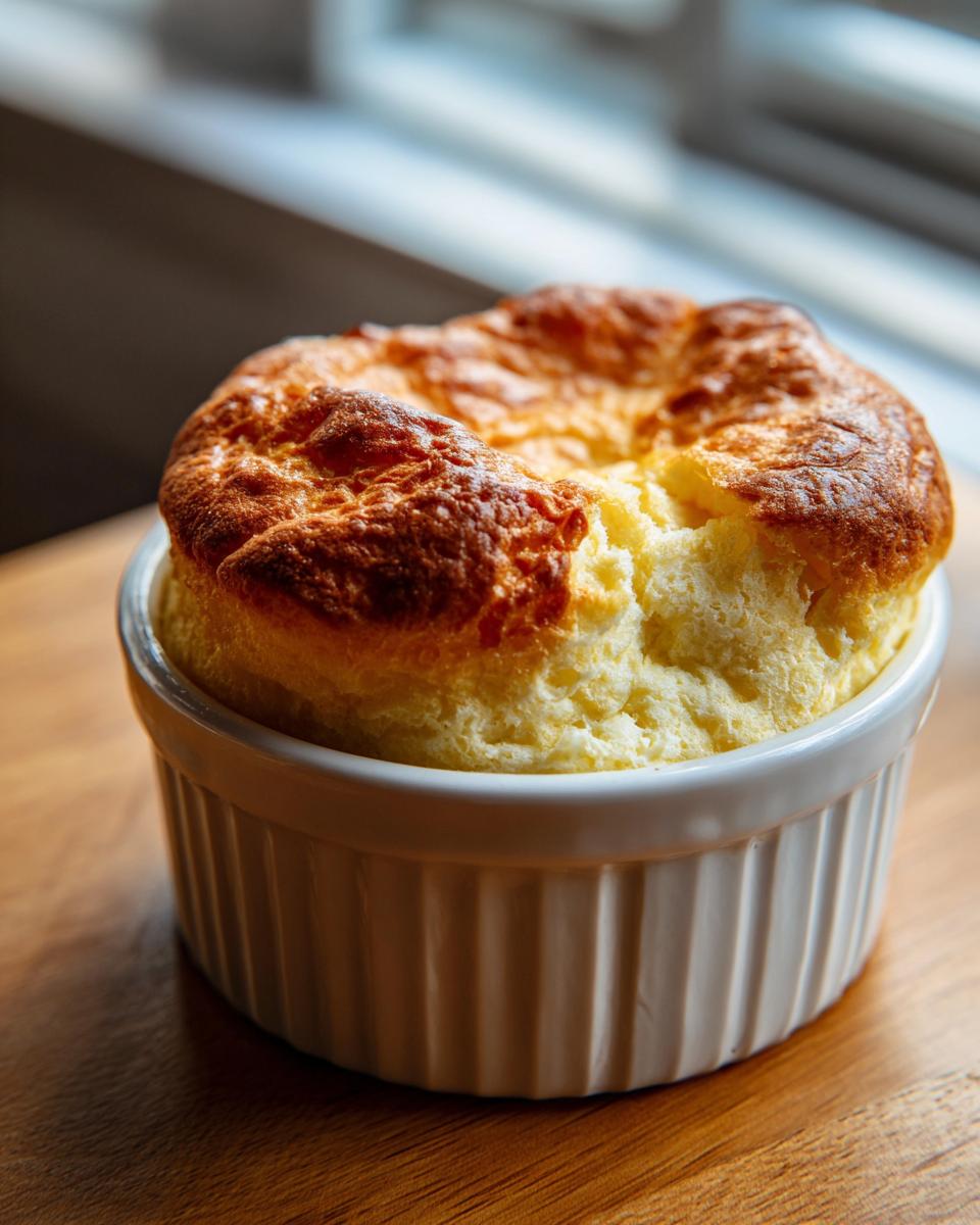 Close-up of a golden-brown Cheese Soufflé in a white ramekin on a wooden surface.
