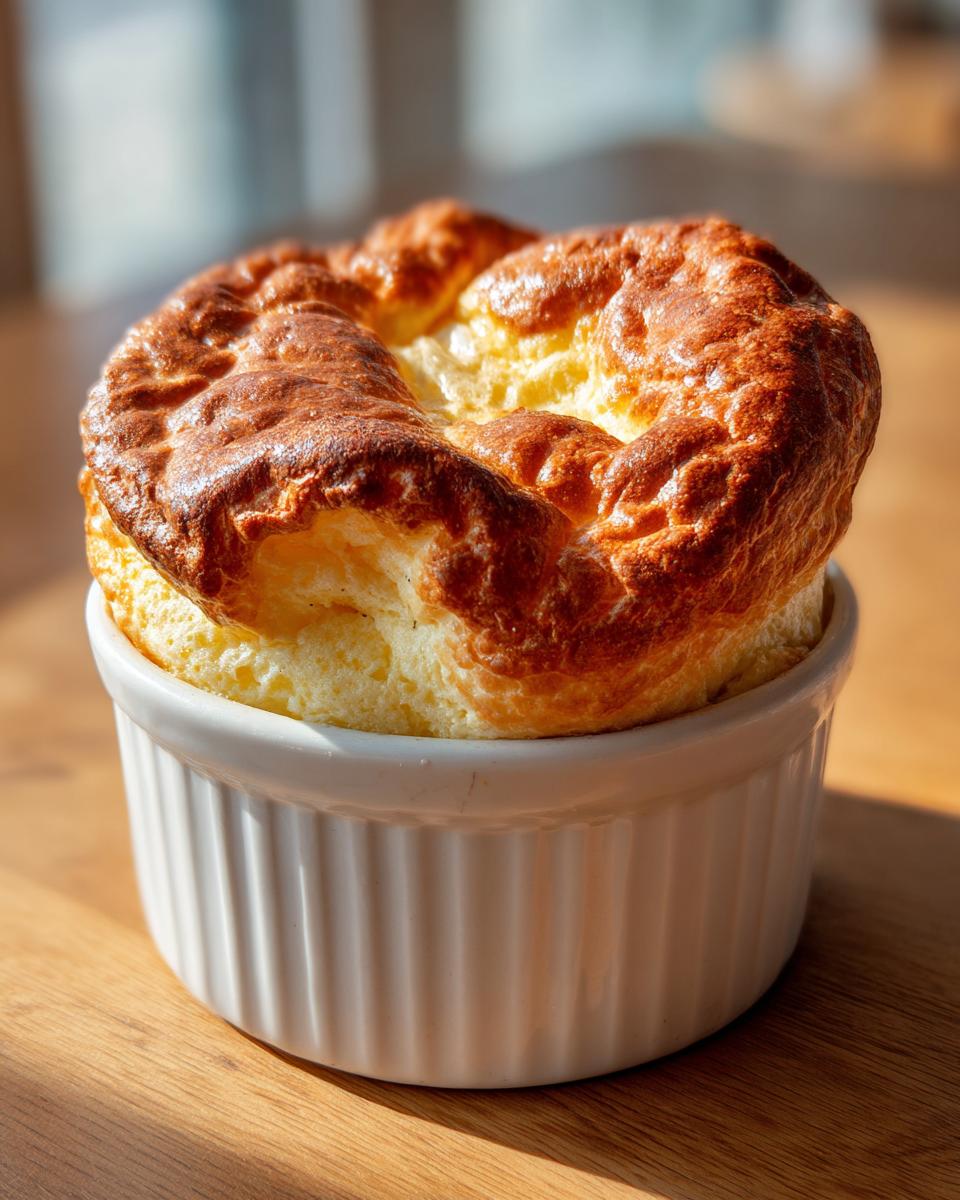 Close-up of a golden-brown cheese soufflé in a white ramekin, showcasing the airy texture. Learn how to make a foolproof cheese soufflé.