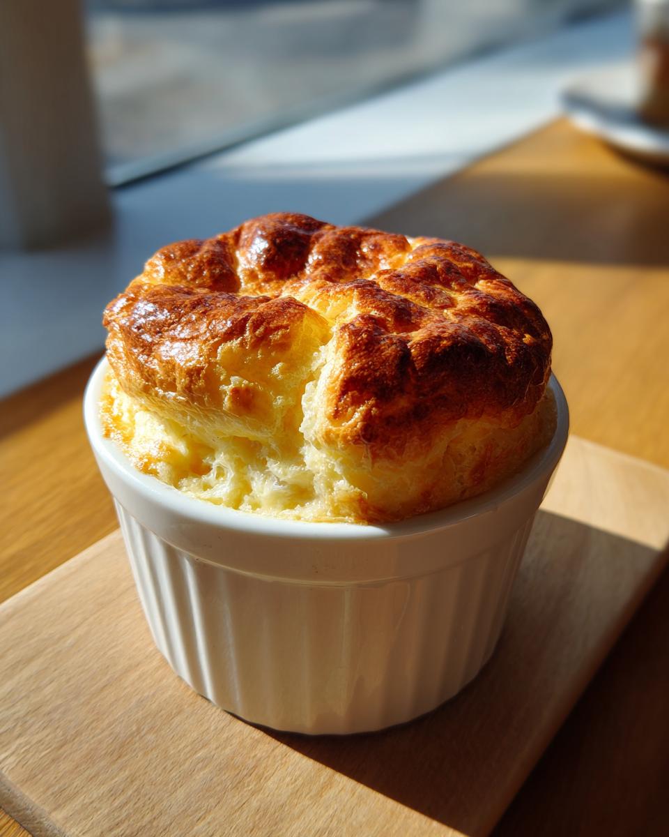 Close-up of a golden-brown cheese soufflé in a white ramekin, showcasing the airy texture. Learn to master the Foolproof Cheese Soufflé.