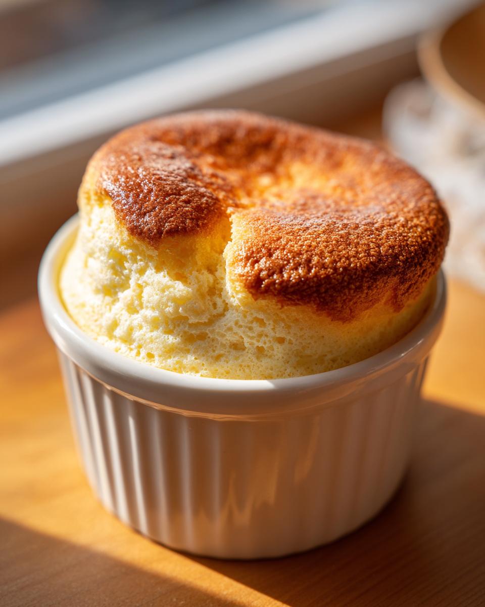 Close-up of a golden-brown cheese soufflé in a white ramekin, perfect for the Master the Foolproof Cheese Soufflé recipe.