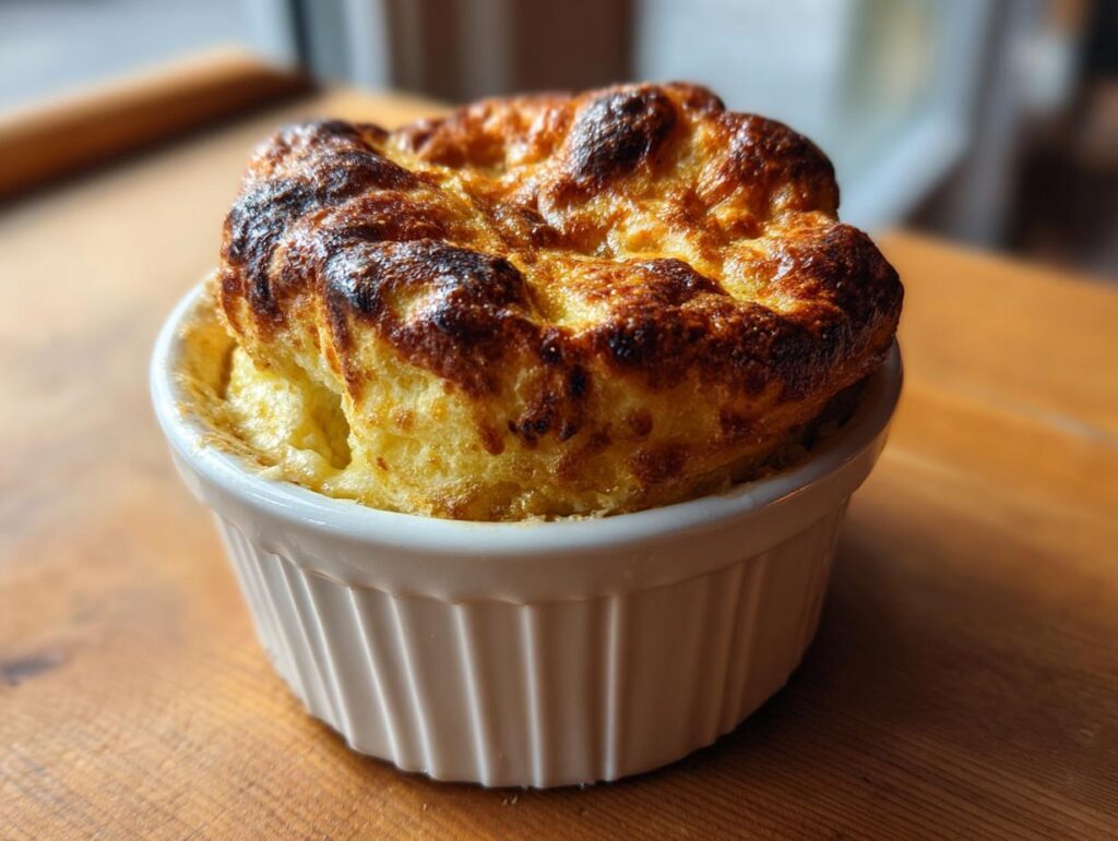 Close-up of a golden-brown cheese soufflé in a white ramekin, the perfect example of a foolproof cheese soufflé.