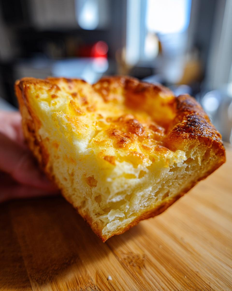 A slice of golden-brown Foolproof Cheese Soufflé, showing a fluffy interior.