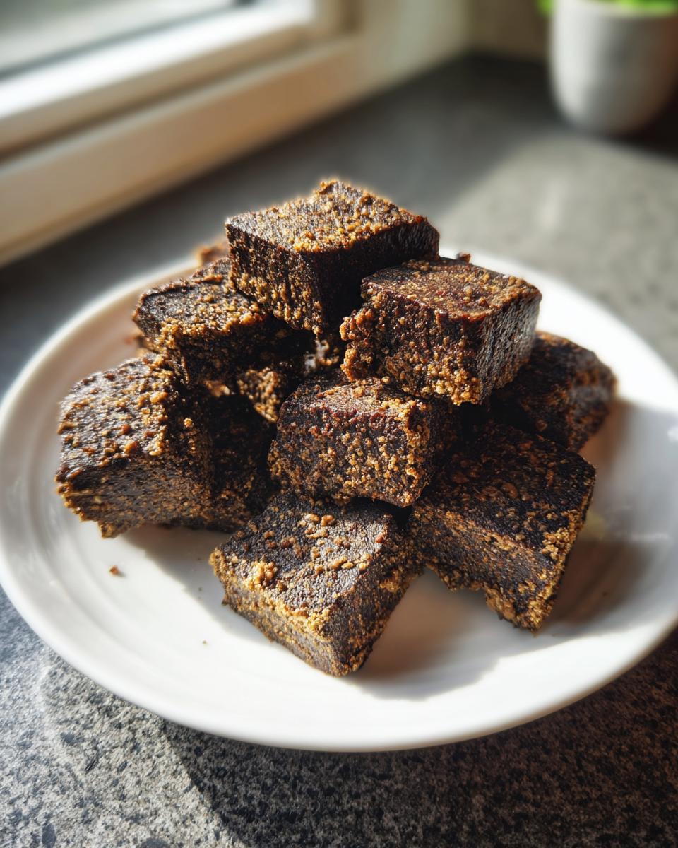 Pile of square-shaped Chicken Liver Cat Treats on a white plate, ready to be enjoyed.