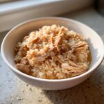 A close-up of a bowl of Chicken & Rice Cat Meal, showing cooked chicken and rice.
