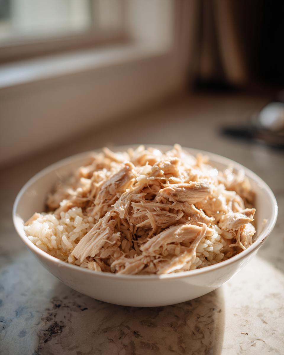 A white bowl filled with cooked chicken and rice, a homemade Chicken & Rice Cat Meal.