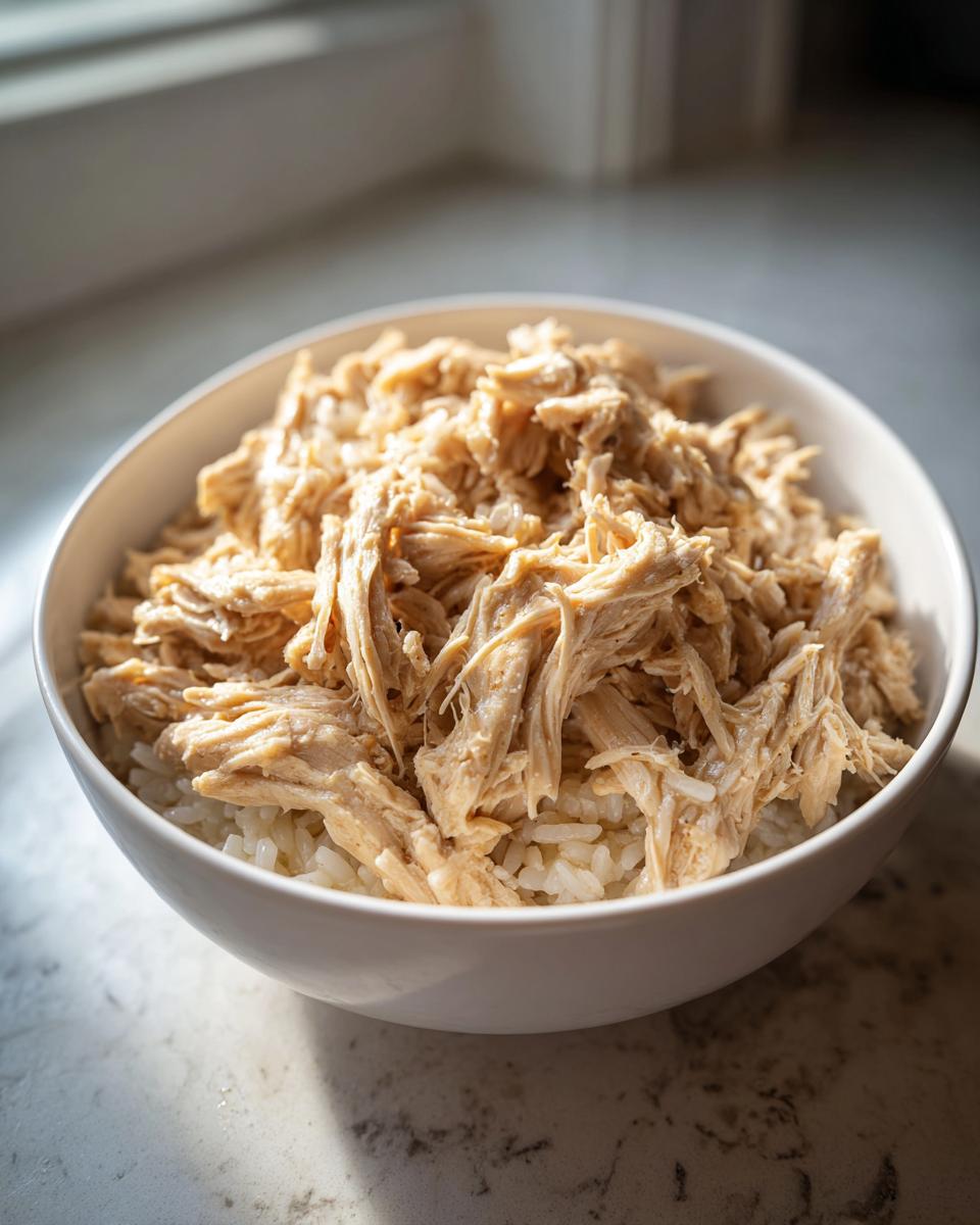 A white bowl filled with shredded chicken and rice, a delicious Chicken & Rice Cat Meal.