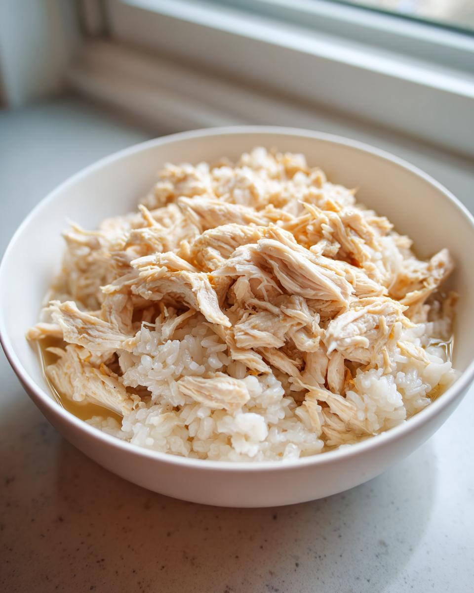 A bowl of cooked Chicken & Rice Cat Meal, ready to serve. Shredded chicken sits atop white rice.