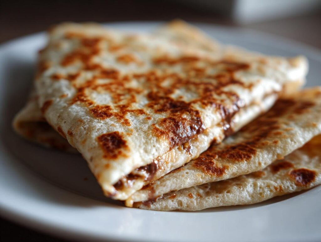 Close-up of folded Chocolate Crunchy Wraps on a white plate, showing the chocolate filling.