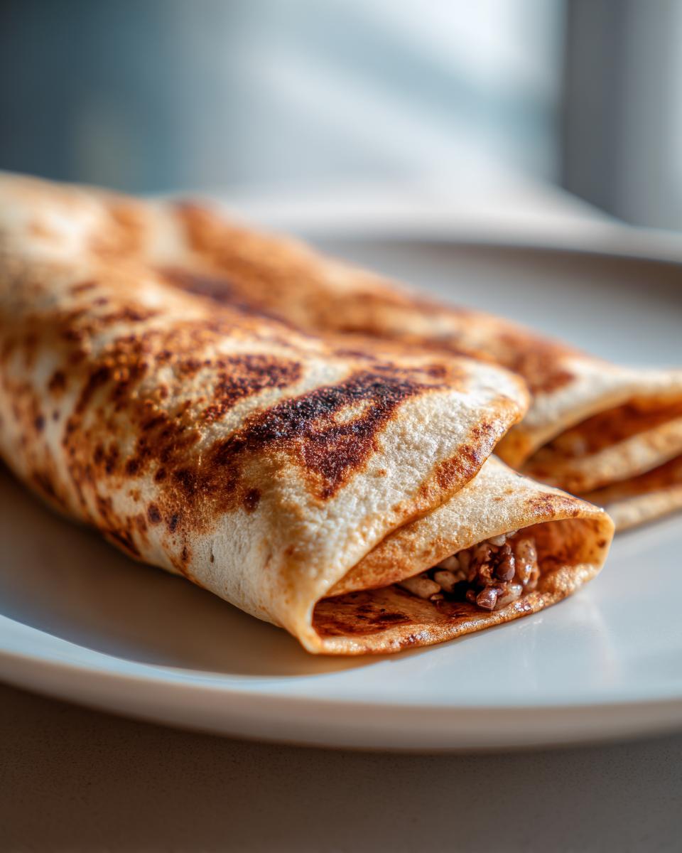 Close-up of a folded Chocolate Crunchy Wrap on a white plate, showing the filling.