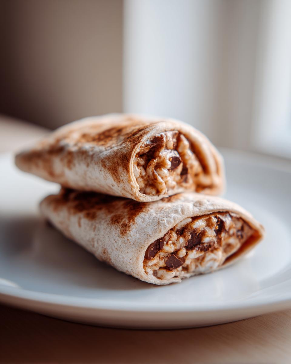 Two Chocolate Crunchy Wraps stacked on a white plate, showing the filling.