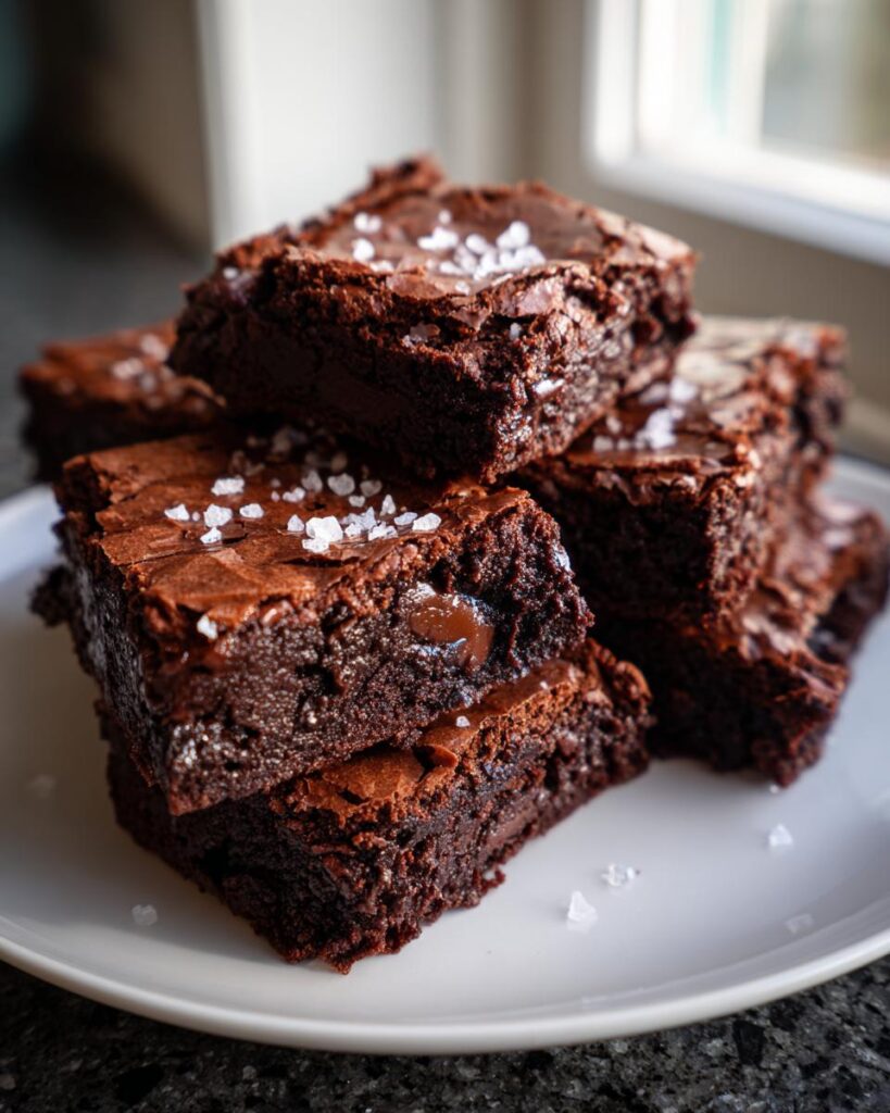 Stack of Crispy-Edge Fudgy Brownie Bars with Salted Toffee, topped with sea salt.