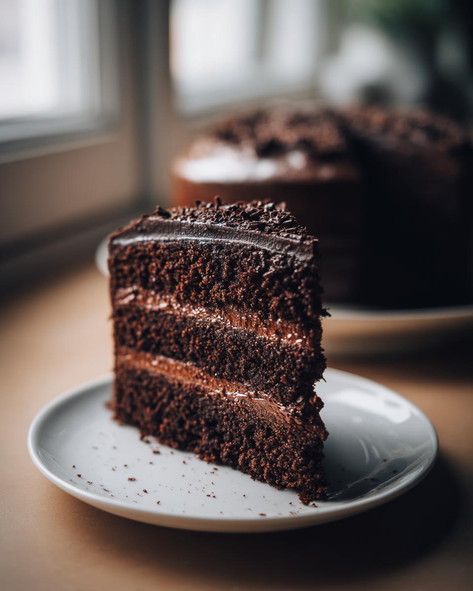 Close-up of a slice of Decadent Double Chocolate Cake on a white plate, showing layers and frosting.