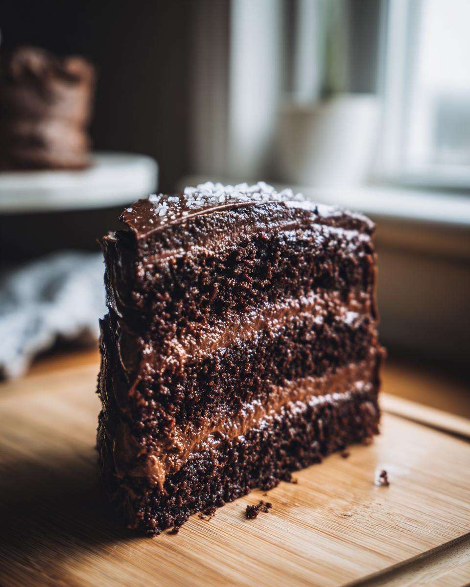 Close-up of a slice of Decadent Double Chocolate Cake on a wooden board, with frosting and sea salt.