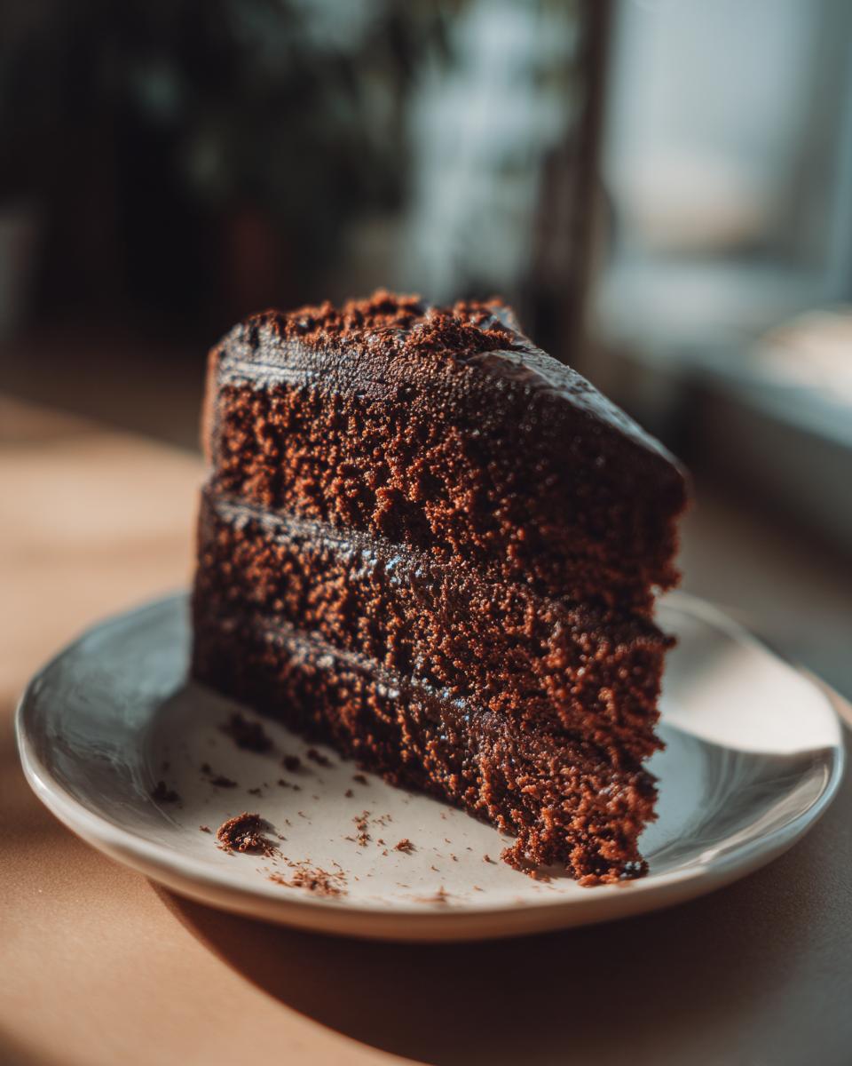 Close-up of a slice of Decadent Double Chocolate Cake on a plate, showing rich chocolate layers.