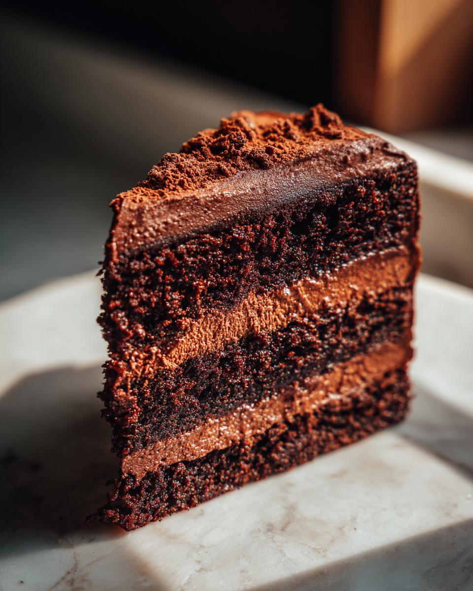 Close-up of a slice of Decadent Double Chocolate Cake, showing layers of chocolate cake and frosting.