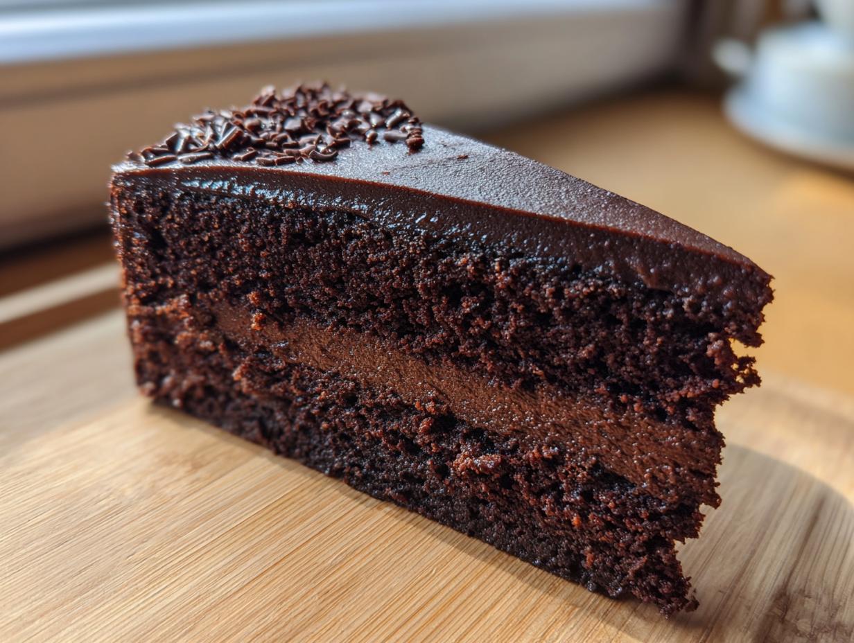 A slice of Decadent Double Chocolate Cake on a wooden board, close up.