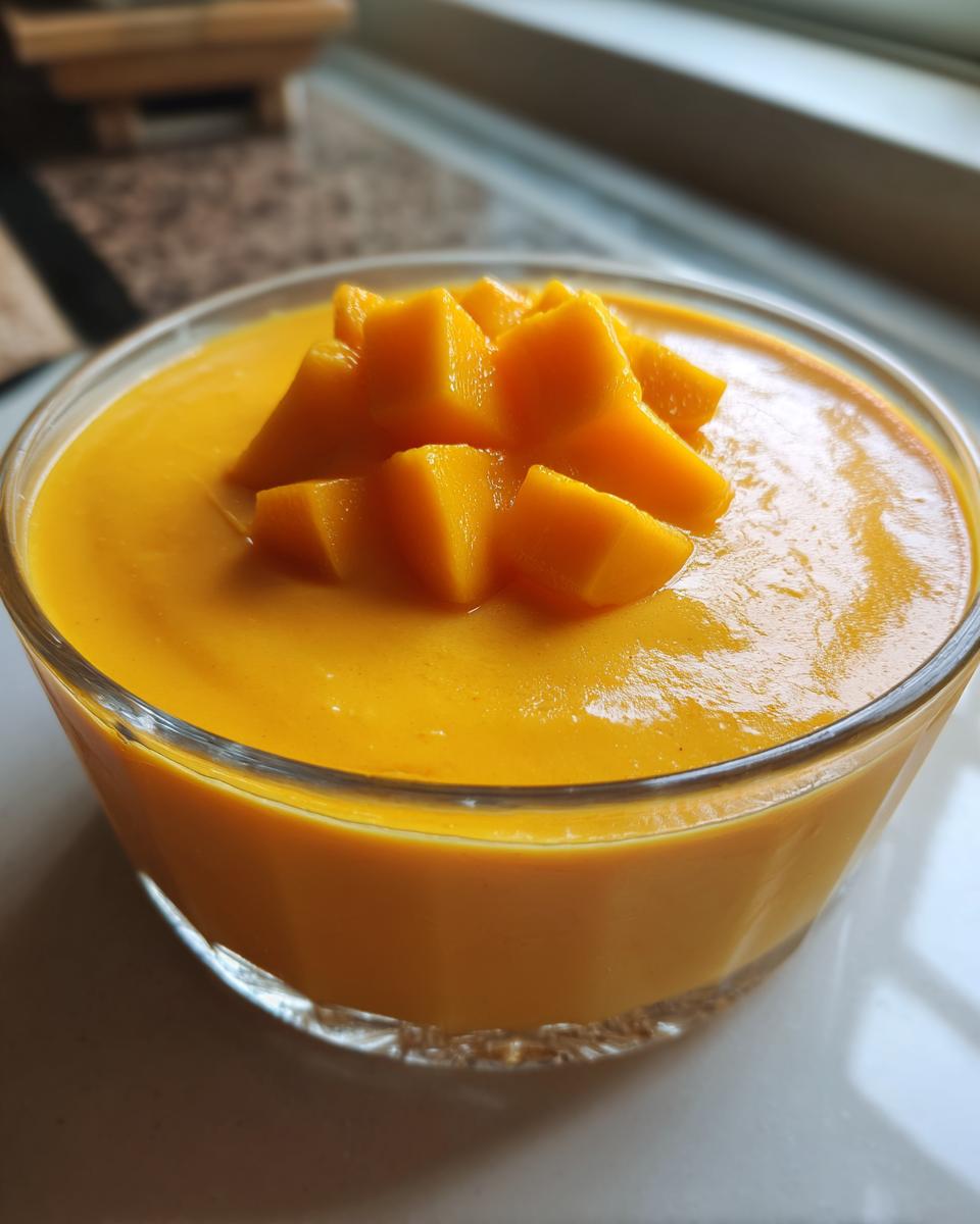 Close-up of a glass bowl filled with Delicious Mango Pudding, topped with mango chunks.