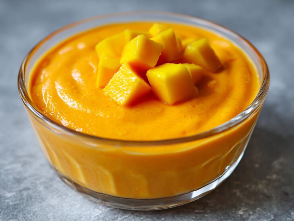 Close-up of a glass bowl filled with delicious Mango Pudding, topped with fresh mango chunks.