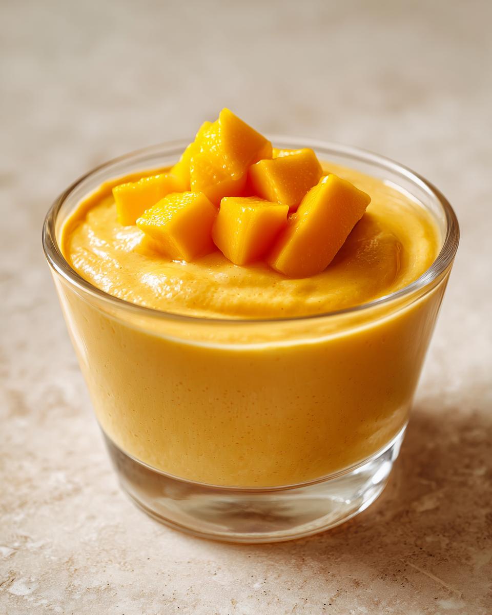 Close-up of Delicious Mango Pudding topped with fresh mango chunks.
