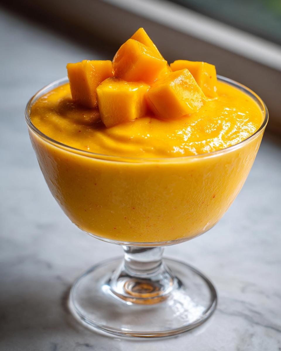 Close-up of a glass of Delicious Mango Pudding topped with mango cubes.