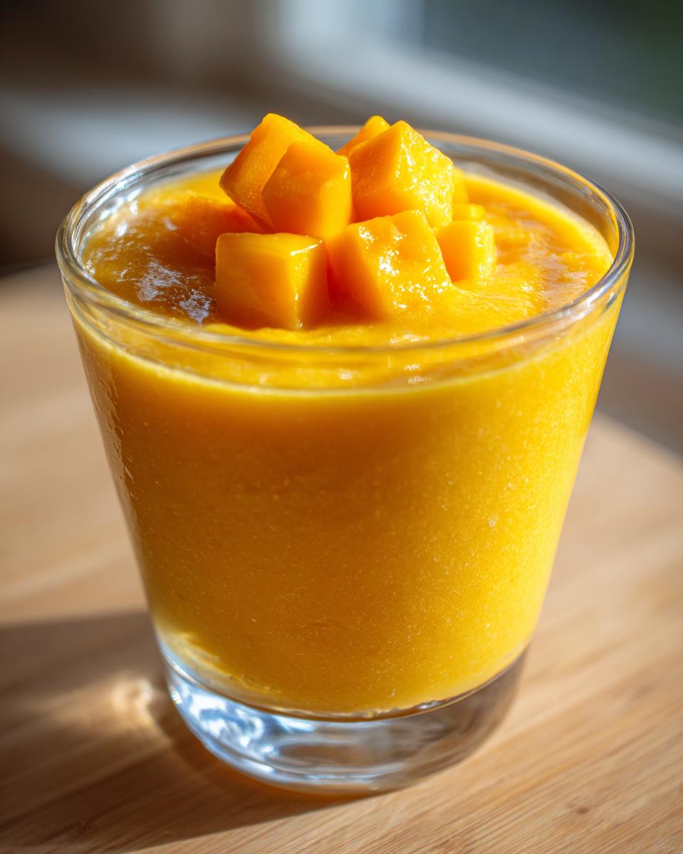 Close-up of a glass of Delicious Mango Pudding topped with mango chunks.