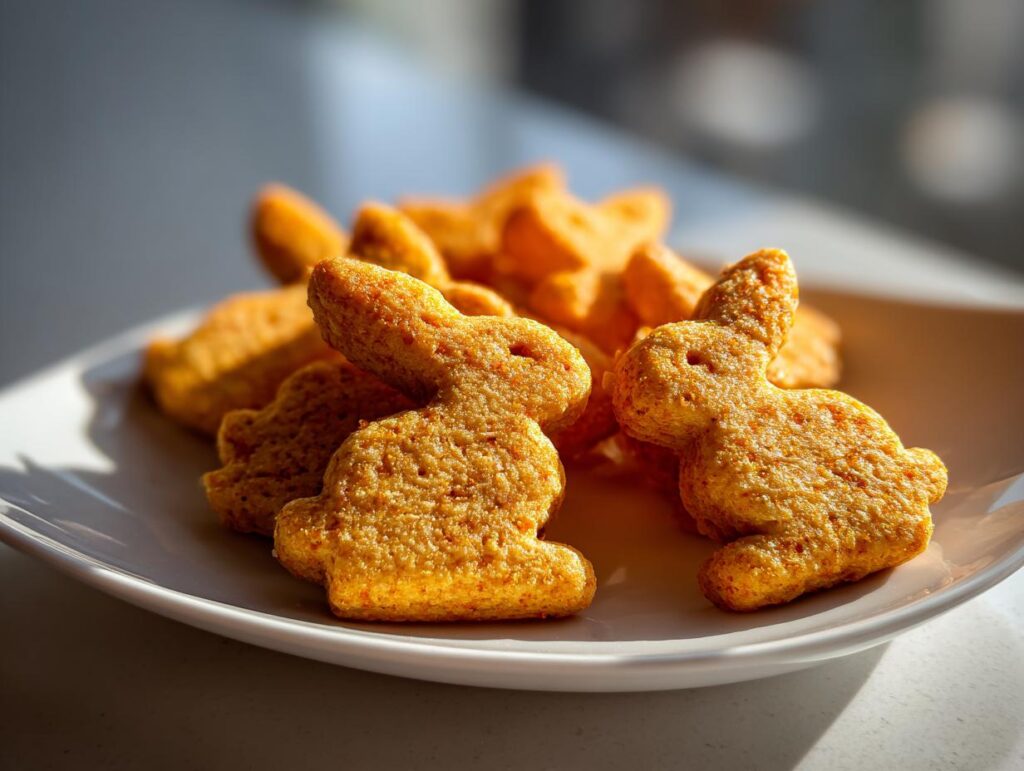 Close-up of Easter Bunny-Shaped Cat Treats on a white plate.