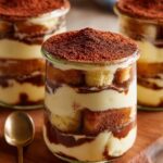 Close-up of layered Easy Tiramisu Trifle Jars with cocoa powder topping.