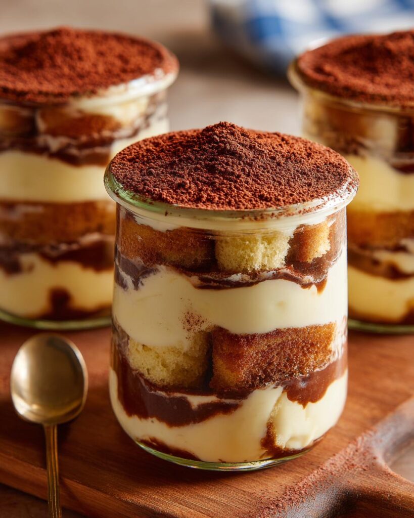 Close-up of layered Easy Tiramisu Trifle Jars with cocoa powder topping.