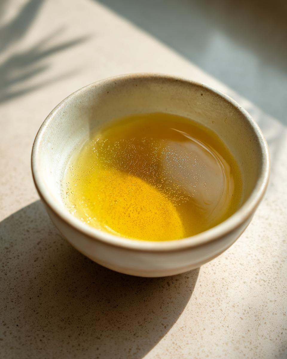 Close-up of a bowl of golden fish broth for cats, perfect for a healthy and delicious meal. Includes the fish broth cat recipe.