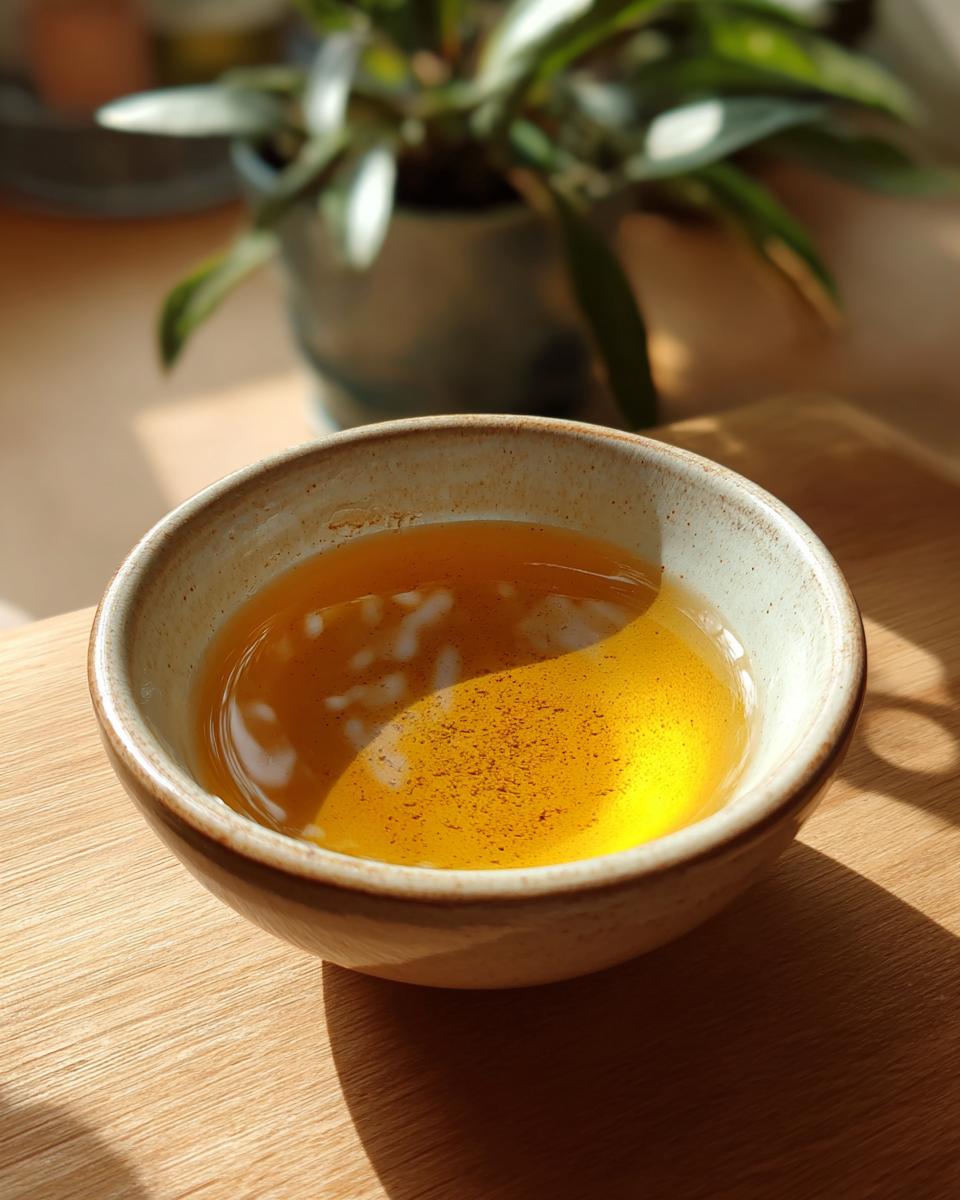 A bowl of golden fish broth, perfect for a Fish Broth Cat Recipe.