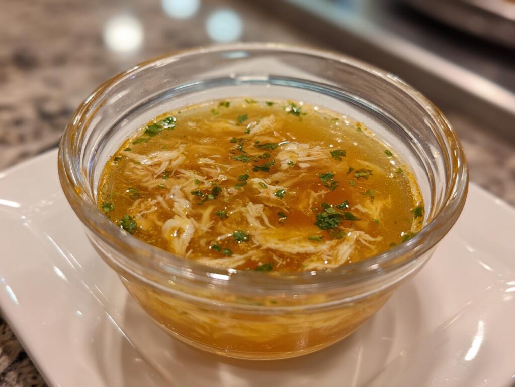 Close-up of a clear glass bowl filled with fish broth for cats, garnished with herbs.
